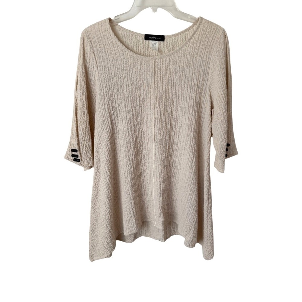 Yushi Cream Crinkle Tunic Top Button Accents Art to Wear Lagenlook Neutral S